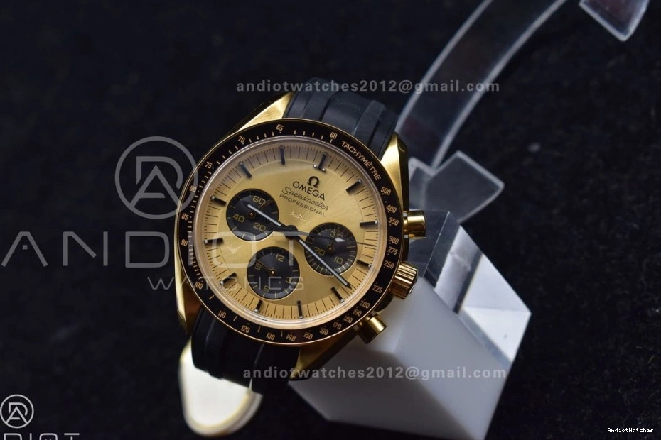 HighQuality RMF Edition in Moonshine Best Strap YG Dial Gold Black Rubber Moonwatch Speedmaster 456 on YG Manual Chrono 0216